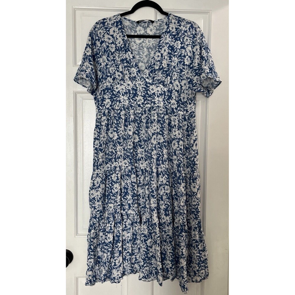 Zara Tiered Midi Dress Medium Blue Floral Babydoll Sweetheart Boho Flowy Cottage